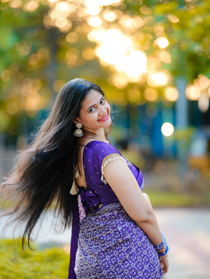 Purple Modal Silk Ajrakh Printed Saree with Designer Pallu &amp; Running Blouse