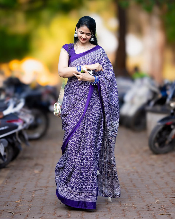 Purple Modal Silk Ajrakh Printed Saree with Designer Pallu &amp; Running Blouse