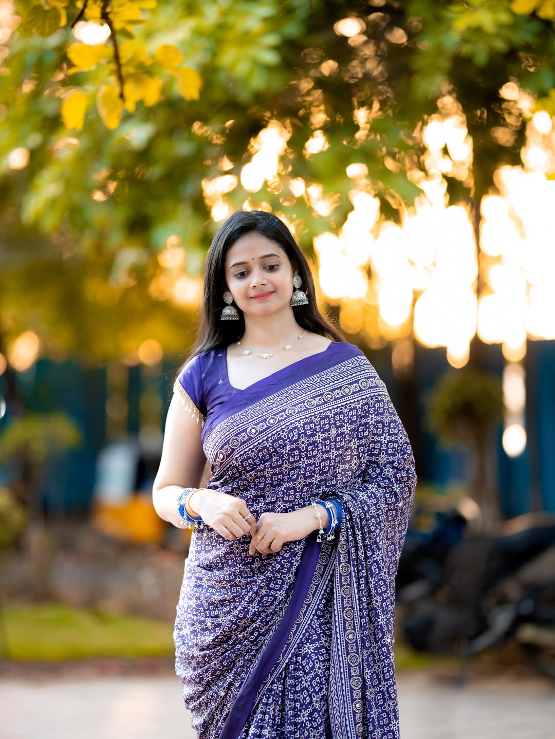 Purple Modal Silk Ajrakh Printed Saree with Designer Pallu &amp; Running Blouse