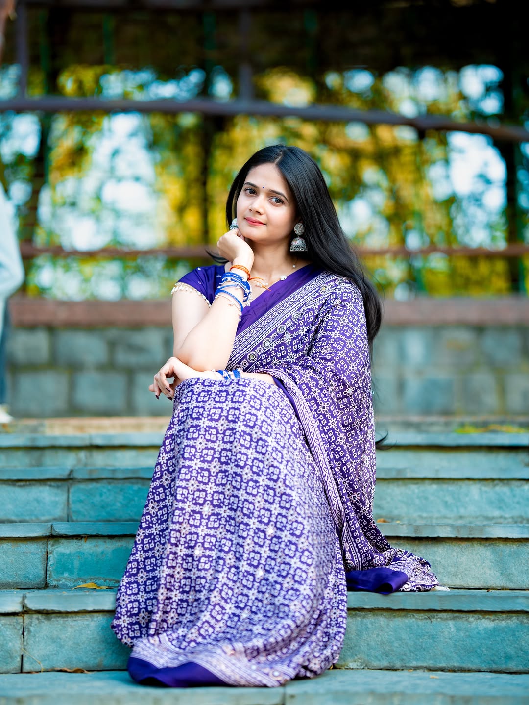 Purple Modal Silk Ajrakh Printed Saree with Designer Pallu &amp; Running Blouse