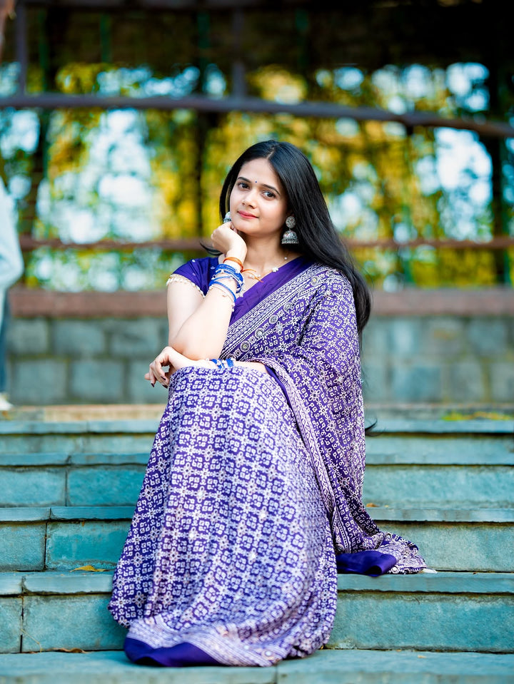 Purple Modal Silk Ajrakh Printed Saree with Designer Pallu &amp; Running Blouse
