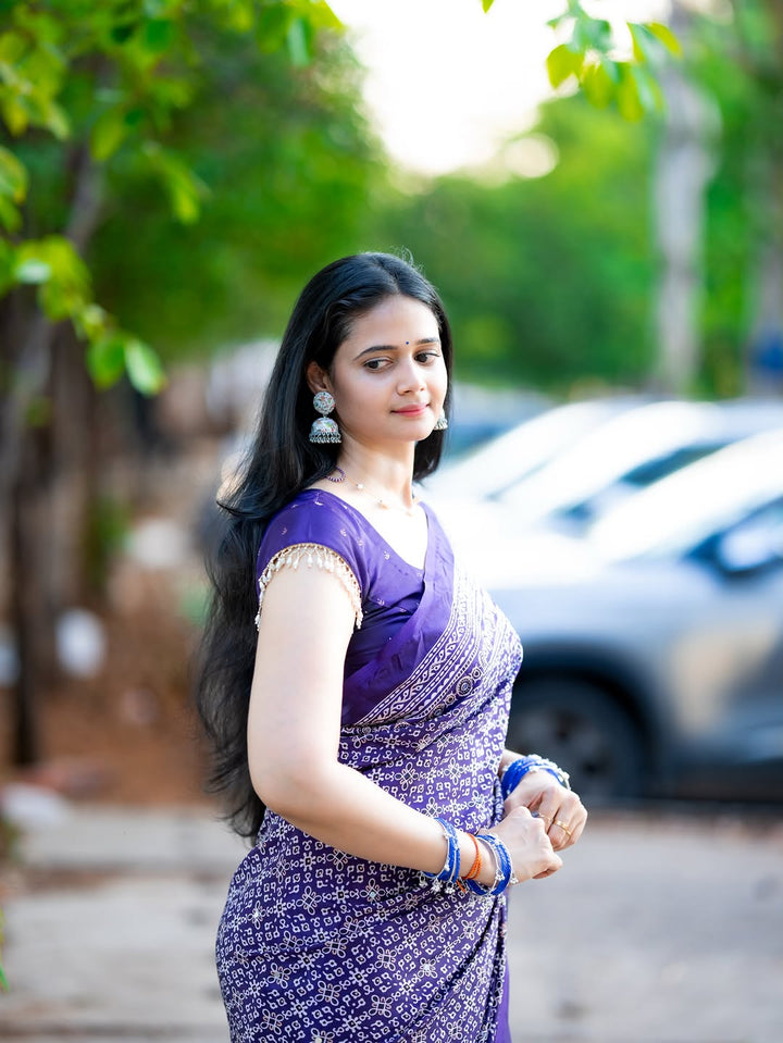 Purple Modal Silk Ajrakh Printed Saree with Designer Pallu &amp; Running Blouse