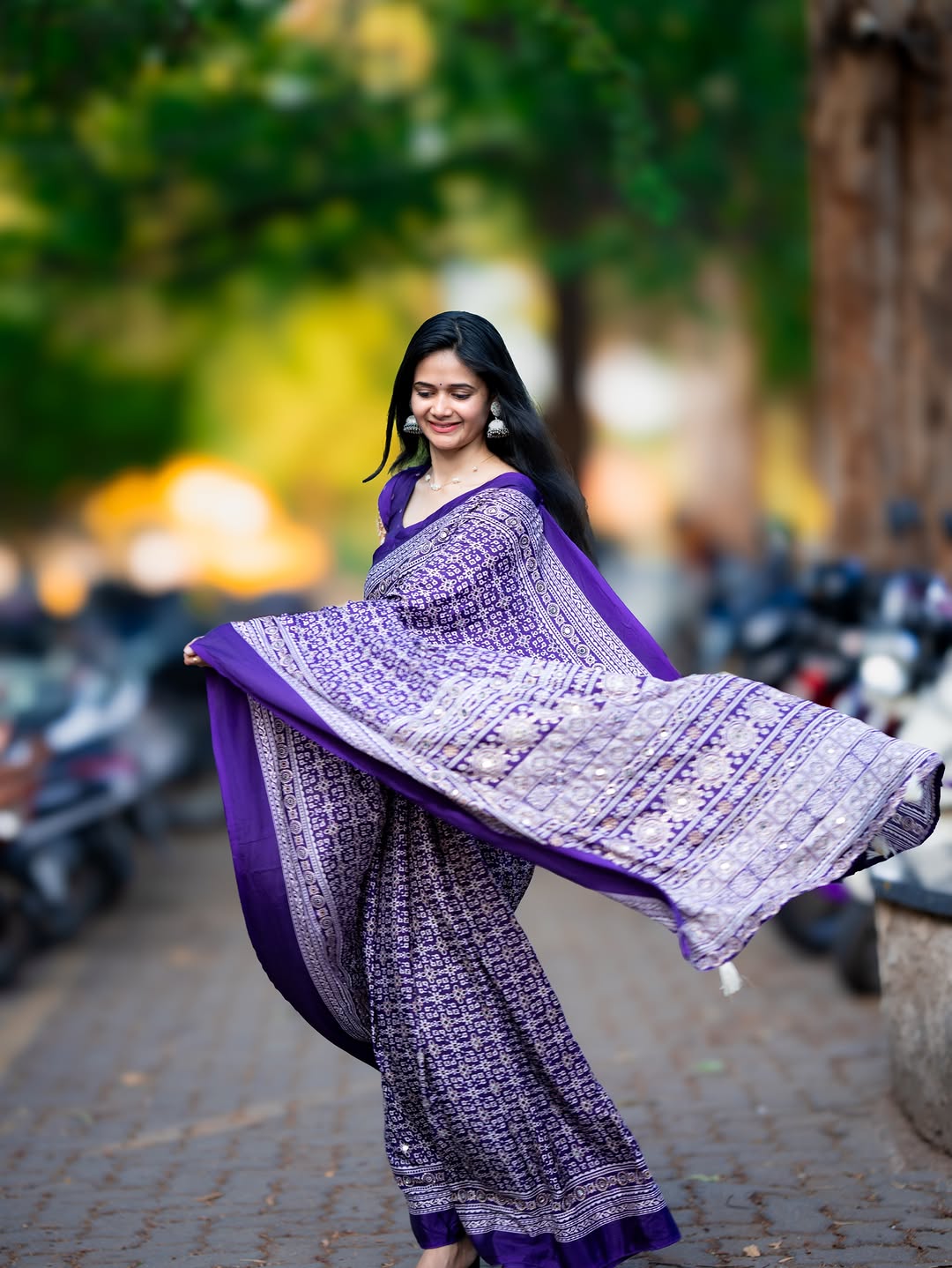 Purple Modal Silk Ajrakh Printed Saree with Designer Pallu &amp; Running Blouse