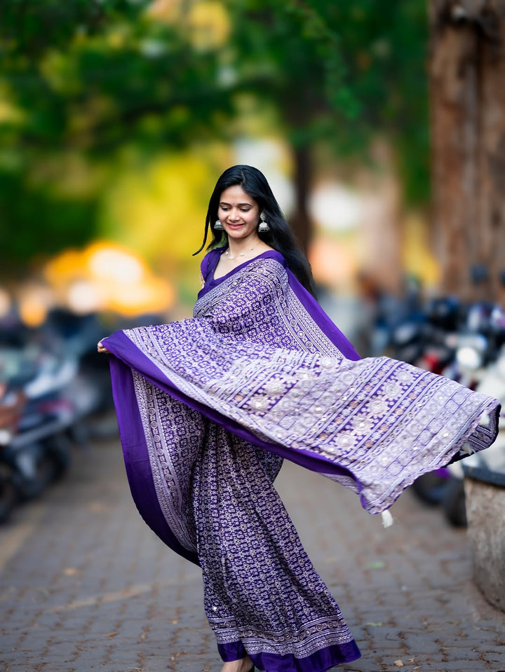 Purple Modal Silk Ajrakh Printed Saree with Designer Pallu &amp; Running Blouse