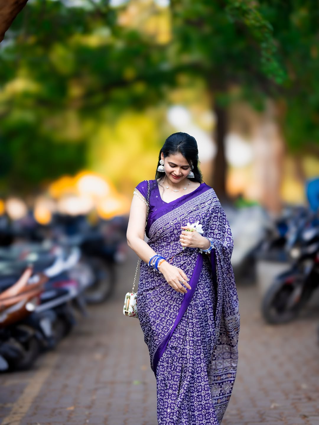 Purple Modal Silk Ajrakh Printed Saree with Designer Pallu &amp; Running Blouse
