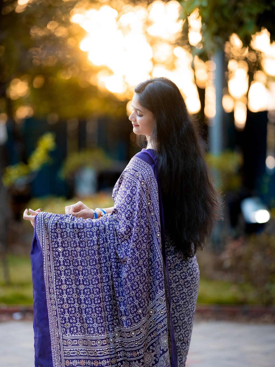 Purple Modal Silk Ajrakh Printed Saree with Designer Pallu &amp; Running Blouse