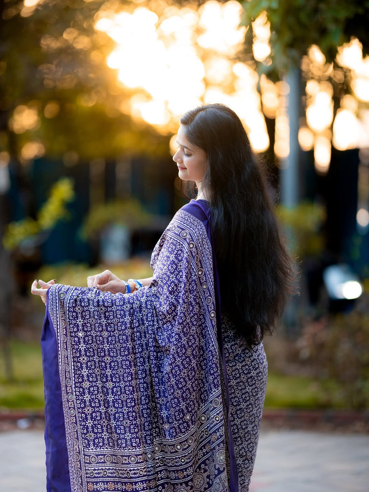 Purple Modal Silk Ajrakh Printed Saree with Designer Pallu &amp; Running Blouse