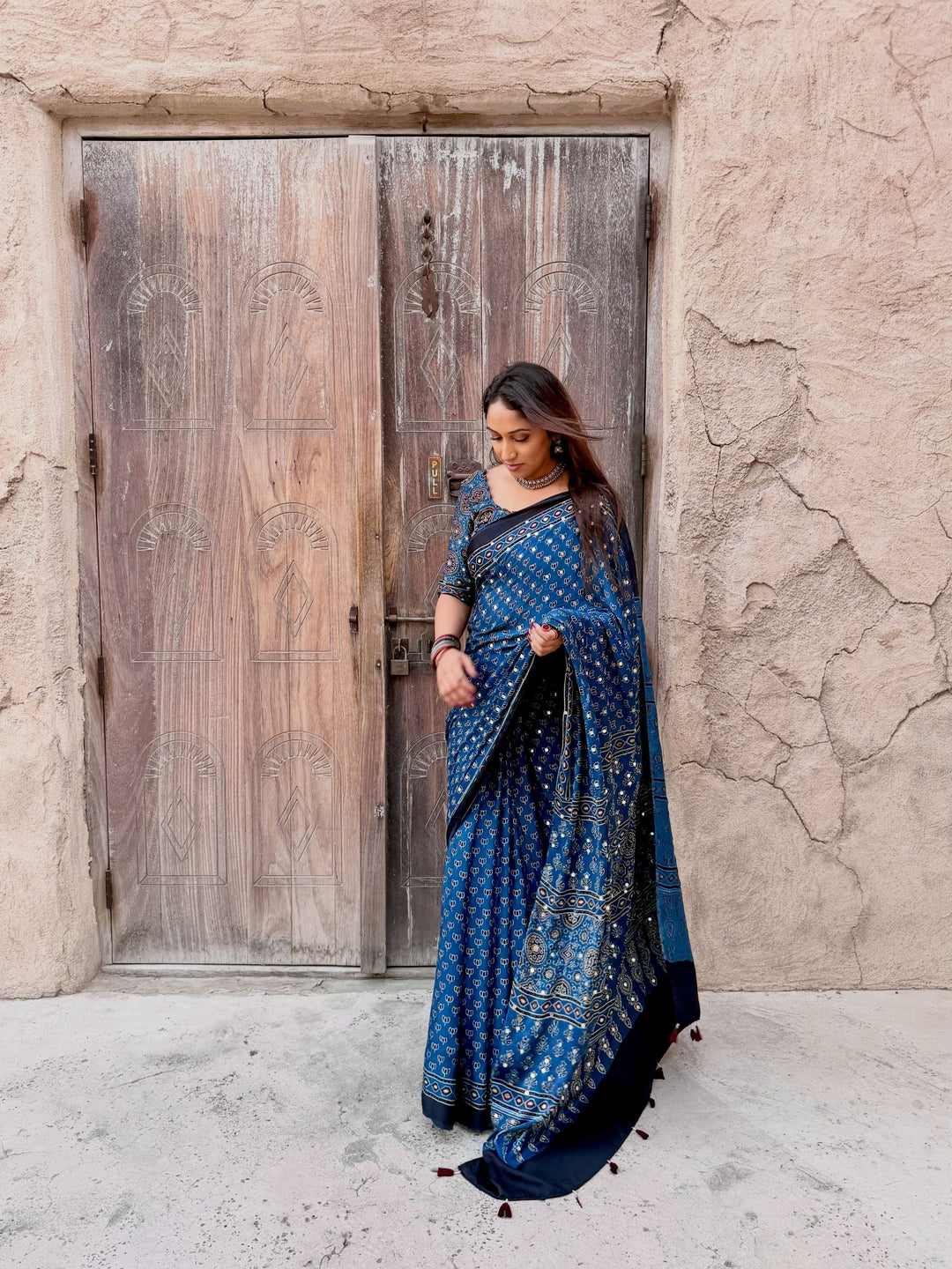 Navy Blue Modal Silk Ajrakh Printed Saree with Designer Pallu &amp; Running Blouse