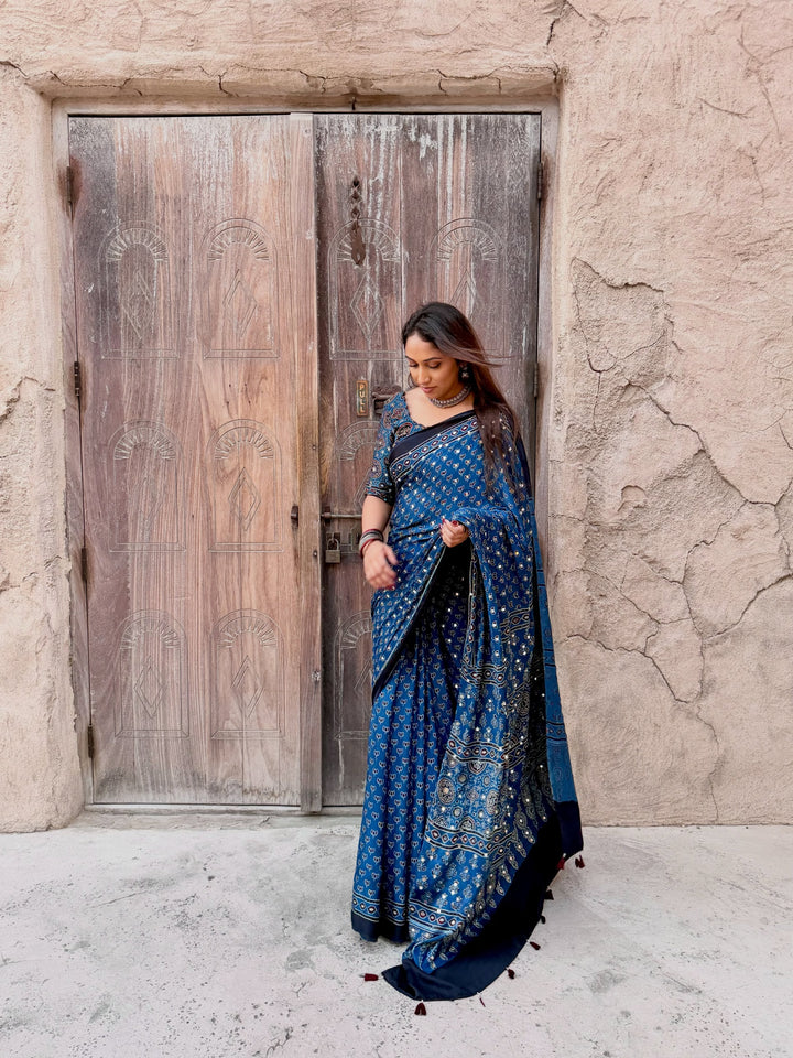 Navy Blue Modal Silk Ajrakh Printed Saree with Designer Pallu &amp; Running Blouse