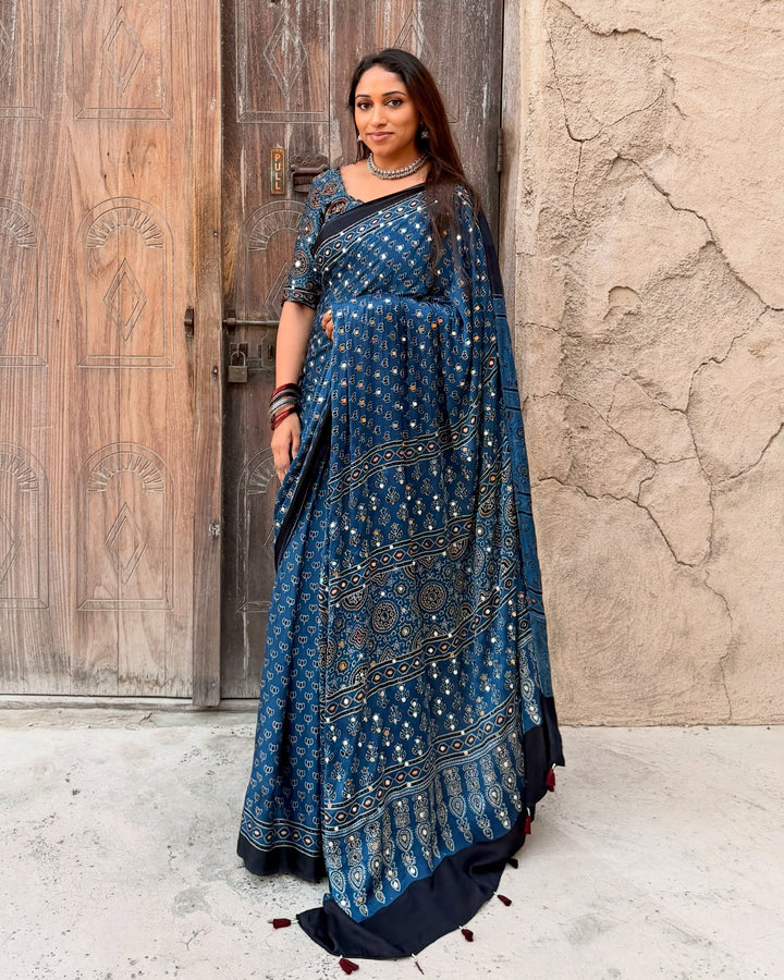 Navy Blue Modal Silk Ajrakh Printed Saree with Designer Pallu &amp; Running Blouse