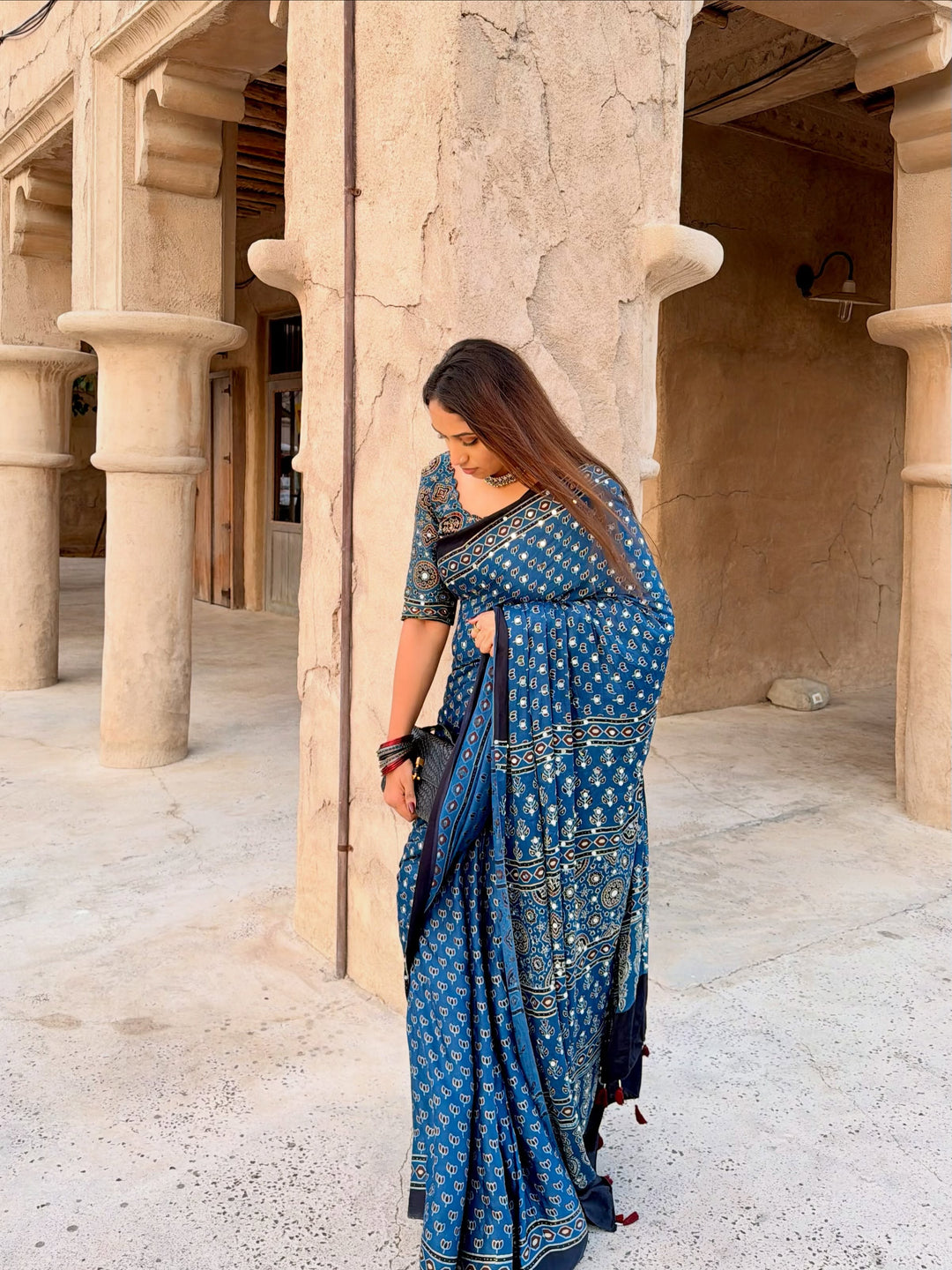 Navy Blue Modal Silk Ajrakh Printed Saree with Designer Pallu &amp; Running Blouse