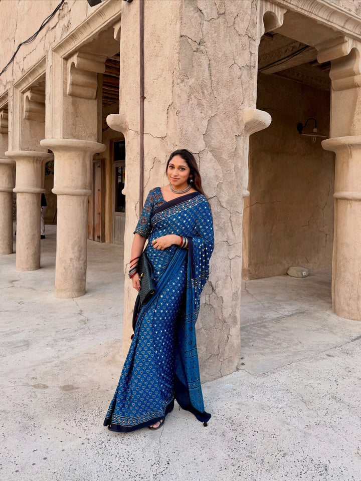 Navy Blue Modal Silk Ajrakh Printed Saree with Designer Pallu &amp; Running Blouse