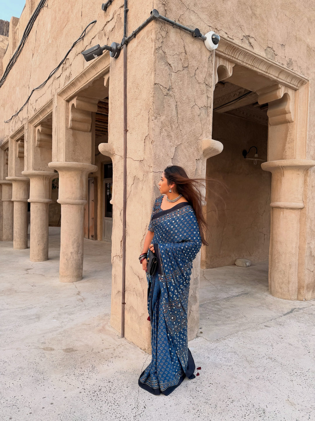 Navy Blue Modal Silk Ajrakh Printed Saree with Designer Pallu &amp; Running Blouse