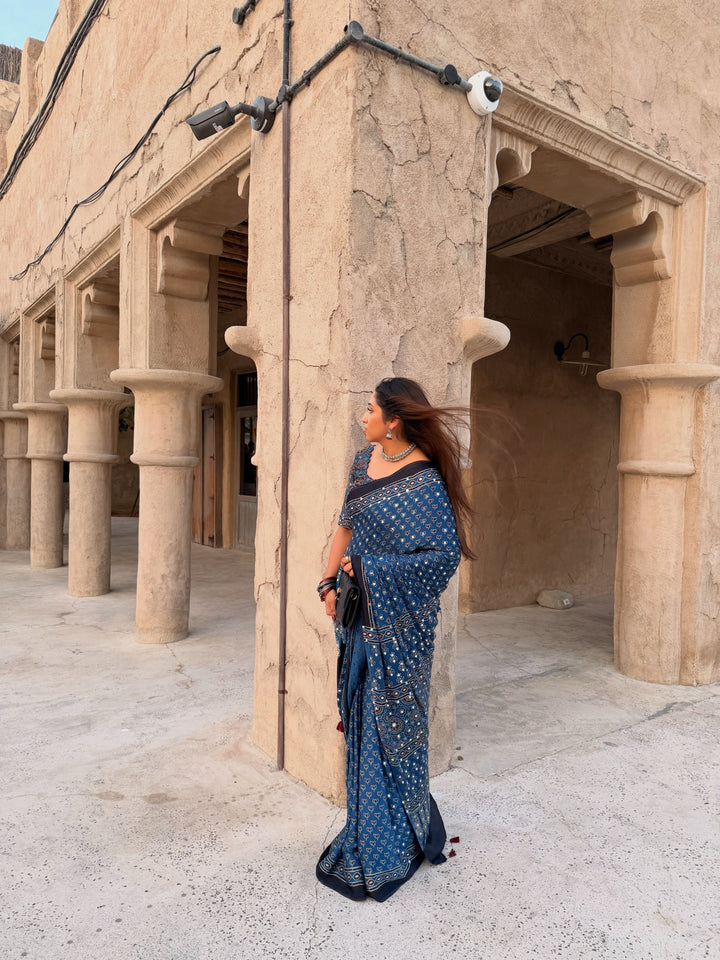 Navy Blue Modal Silk Ajrakh Printed Saree with Designer Pallu &amp; Running Blouse