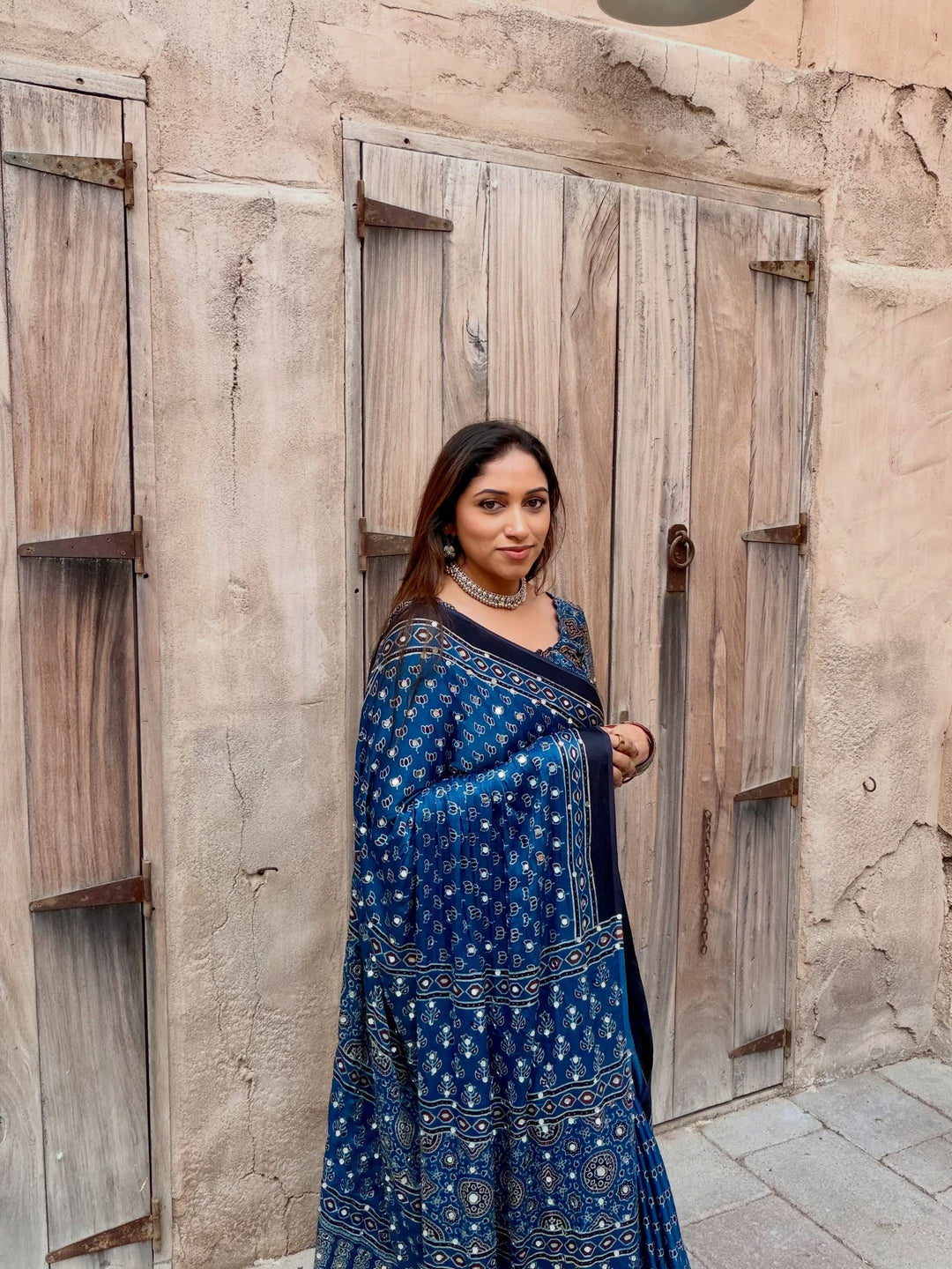 Navy Blue Modal Silk Ajrakh Printed Saree with Designer Pallu &amp; Running Blouse