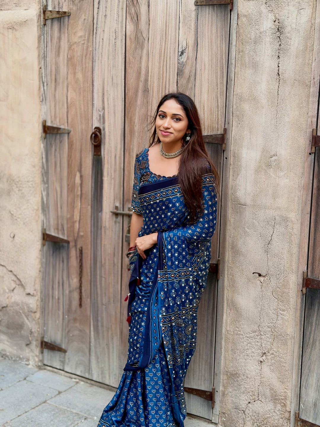 Navy Blue Modal Silk Ajrakh Printed Saree with Designer Pallu &amp; Running Blouse