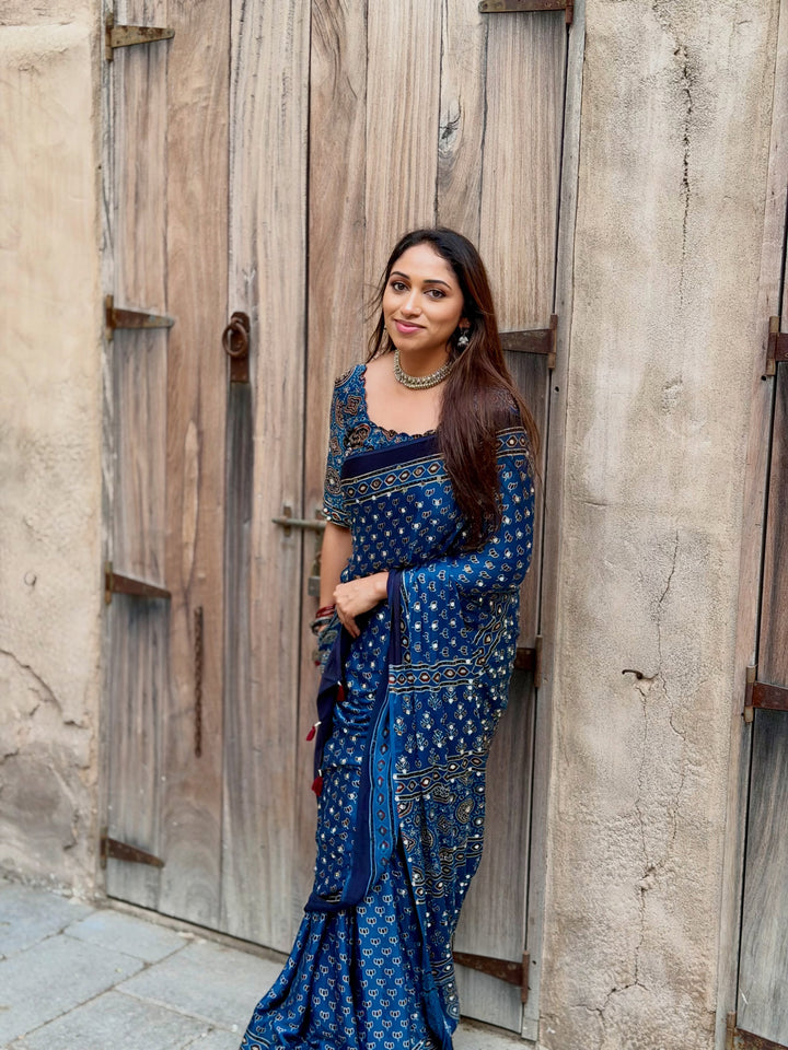 Navy Blue Modal Silk Ajrakh Printed Saree with Designer Pallu &amp; Running Blouse