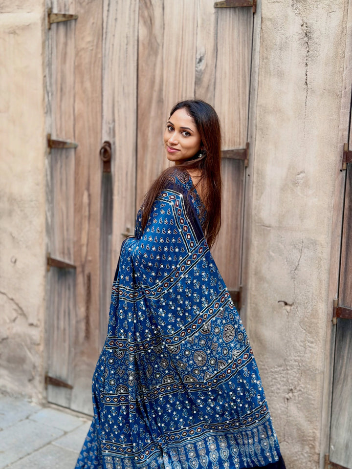 Navy Blue Modal Silk Ajrakh Printed Saree with Designer Pallu &amp; Running Blouse