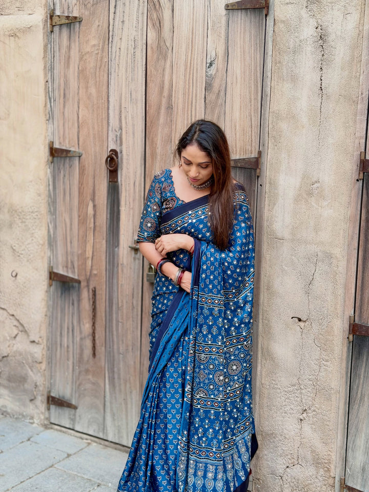 Navy Blue Modal Silk Ajrakh Printed Saree with Designer Pallu &amp; Running Blouse