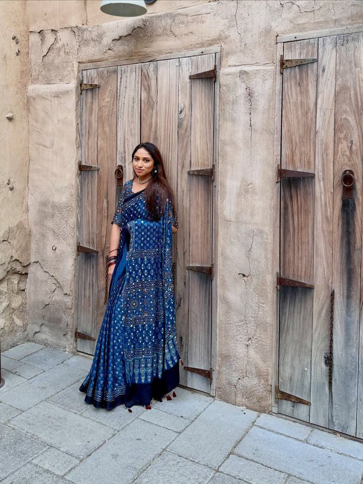 Navy Blue Modal Silk Ajrakh Printed Saree with Designer Pallu &amp; Running Blouse