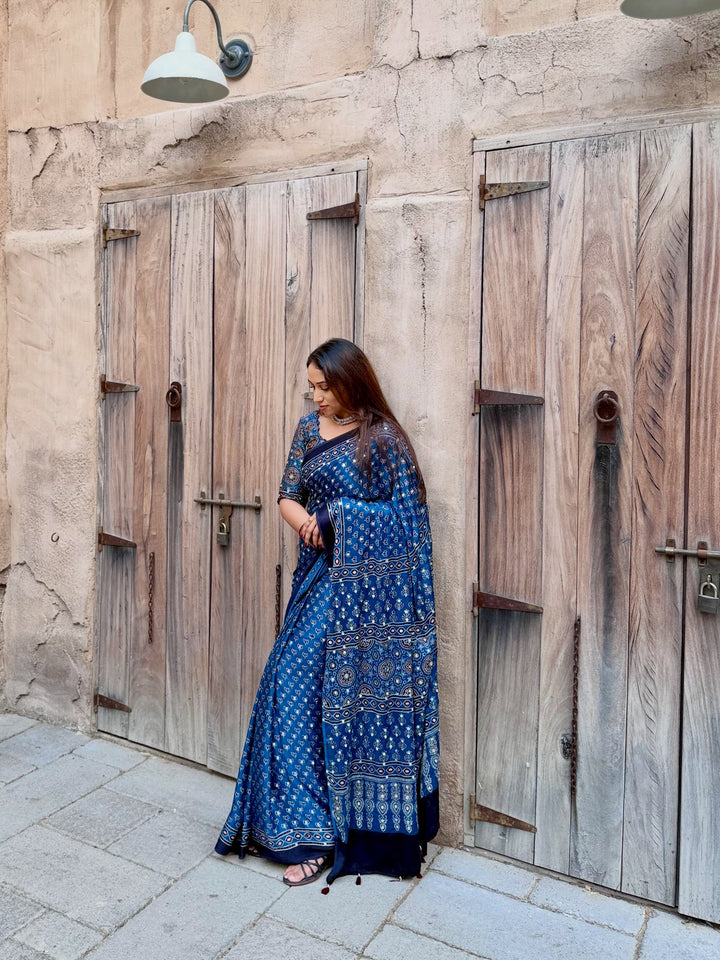 Navy Blue Modal Silk Ajrakh Printed Saree with Designer Pallu &amp; Running Blouse