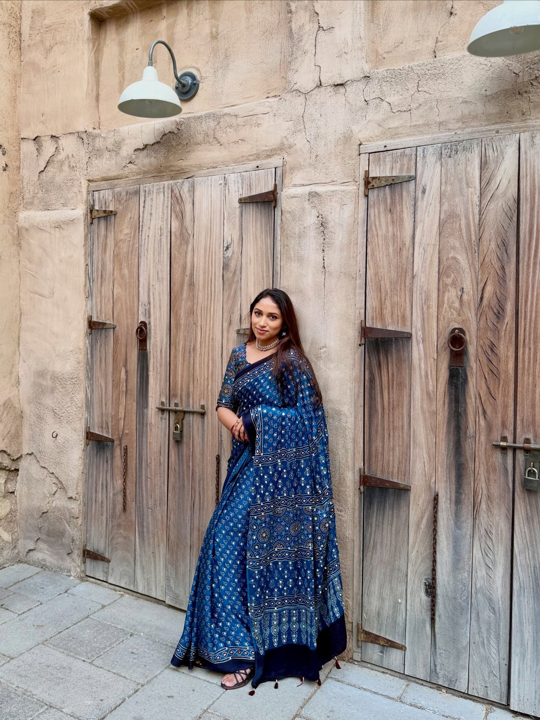 Navy Blue Modal Silk Ajrakh Printed Saree with Designer Pallu &amp; Running Blouse