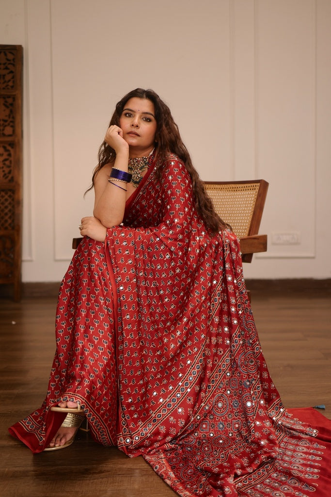 Brick Red Modal Silk Ajrakh Printed Saree with Designer Pallu &amp; Running Blouse