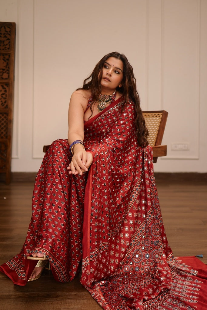 Brick Red Modal Silk Ajrakh Printed Saree with Designer Pallu &amp; Running Blouse