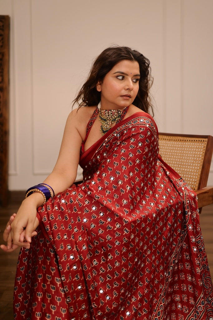 Brick Red Modal Silk Ajrakh Printed Saree with Designer Pallu &amp; Running Blouse