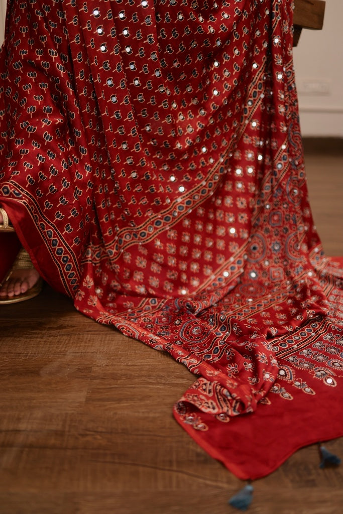 Brick Red Modal Silk Ajrakh Printed Saree with Designer Pallu &amp; Running Blouse