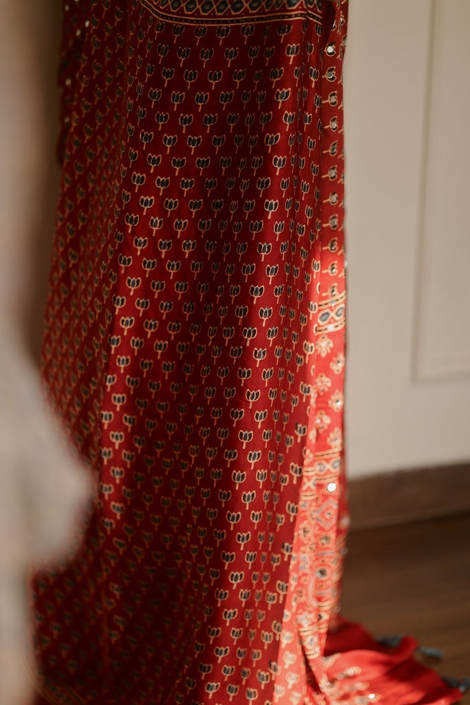 Brick Red Modal Silk Ajrakh Printed Saree with Designer Pallu &amp; Running Blouse