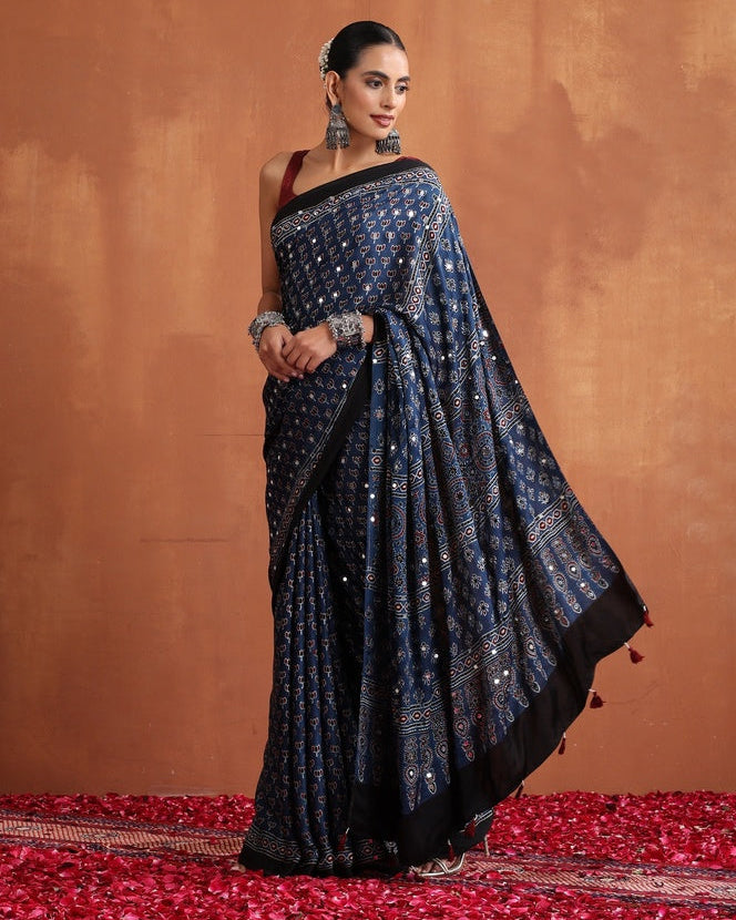 Navy Blue Modal Silk Ajrakh Printed Saree with Designer Pallu &amp; Running Blouse