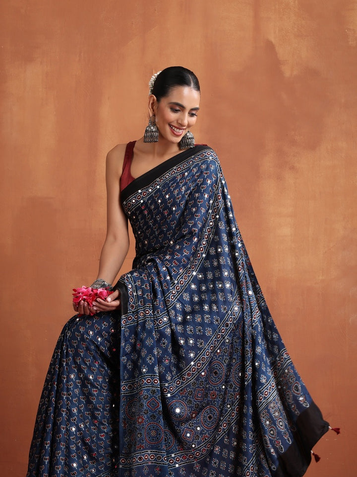Navy Blue Modal Silk Ajrakh Printed Saree with Designer Pallu &amp; Running Blouse