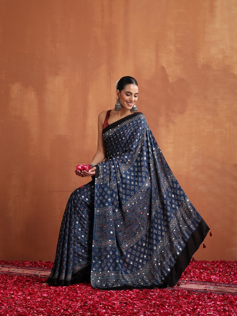 Navy Blue Modal Silk Ajrakh Printed Saree with Designer Pallu &amp; Running Blouse