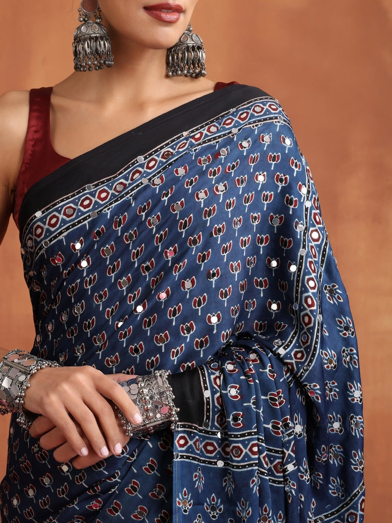 Navy Blue Modal Silk Ajrakh Printed Saree with Designer Pallu &amp; Running Blouse