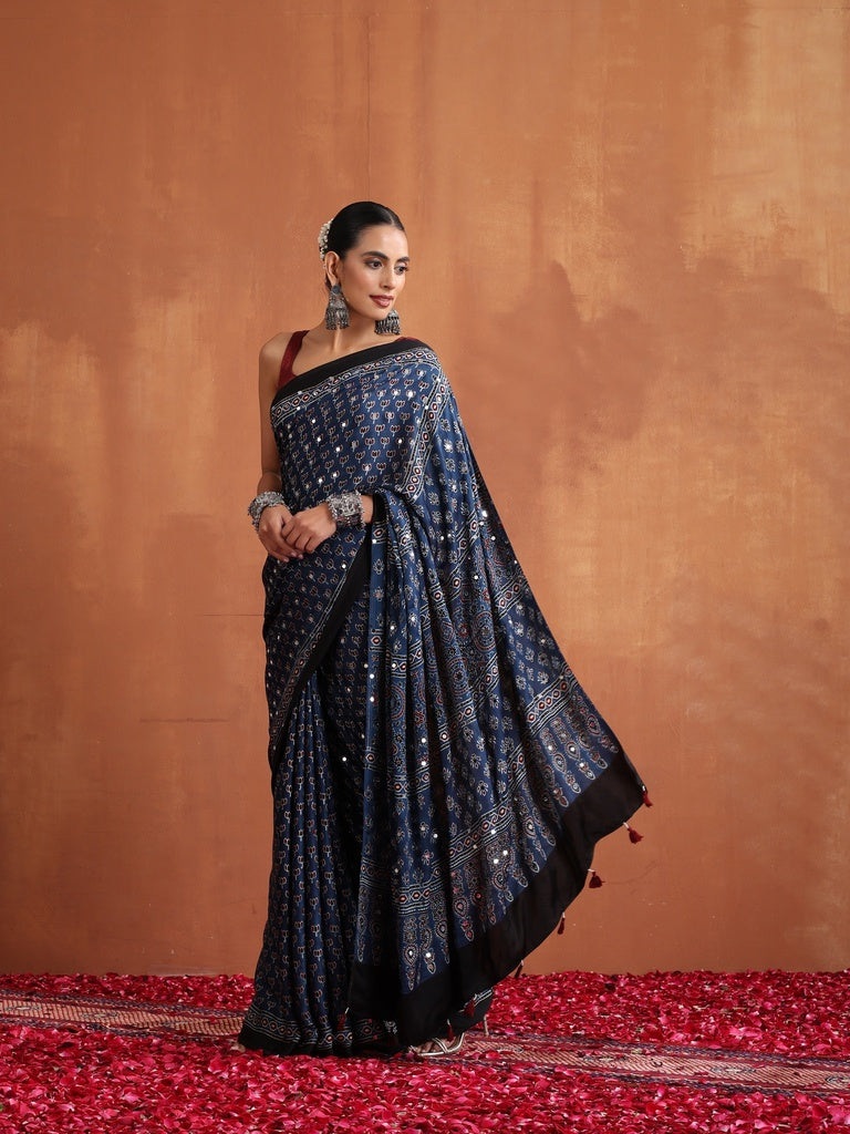 Navy Blue Modal Silk Ajrakh Printed Saree with Designer Pallu &amp; Running Blouse