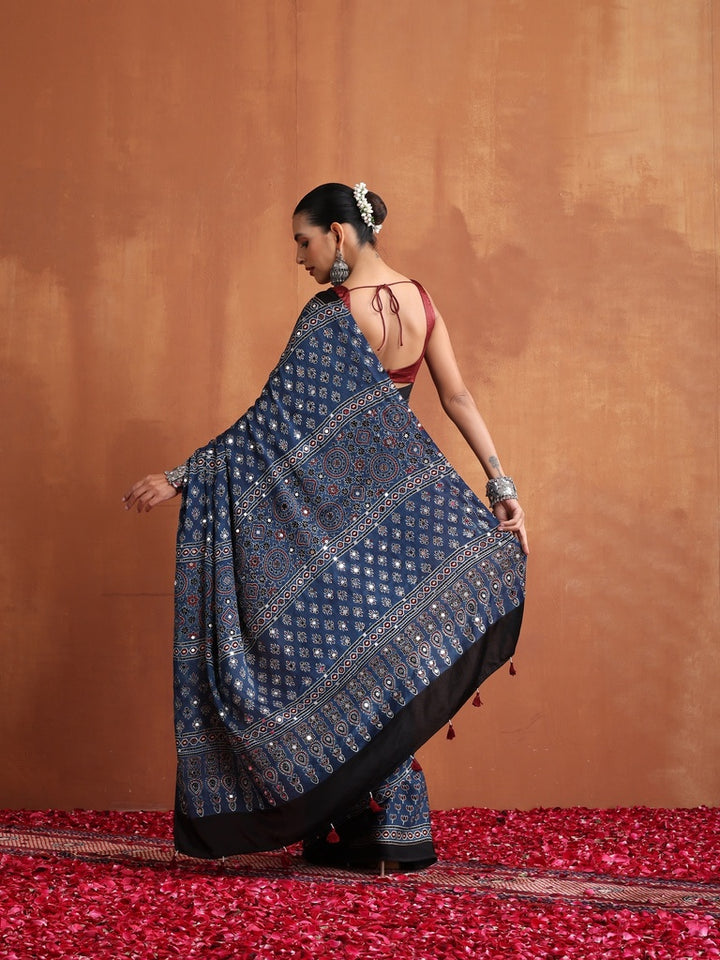 Navy Blue Modal Silk Ajrakh Printed Saree with Designer Pallu &amp; Running Blouse
