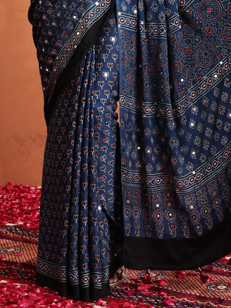 Navy Blue Modal Silk Ajrakh Printed Saree with Designer Pallu &amp; Running Blouse