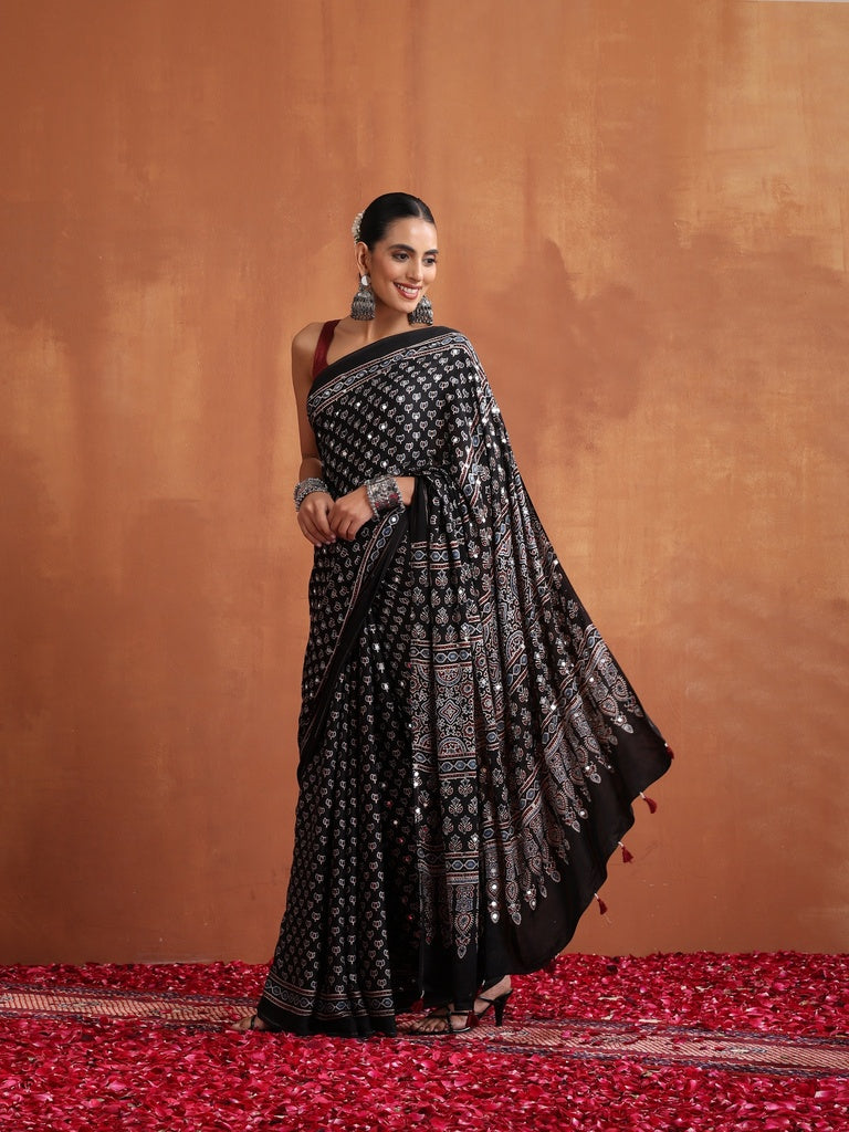 Black Modal Silk Ajrakh Printed Saree with Designer Pallu &amp; Running Blouse