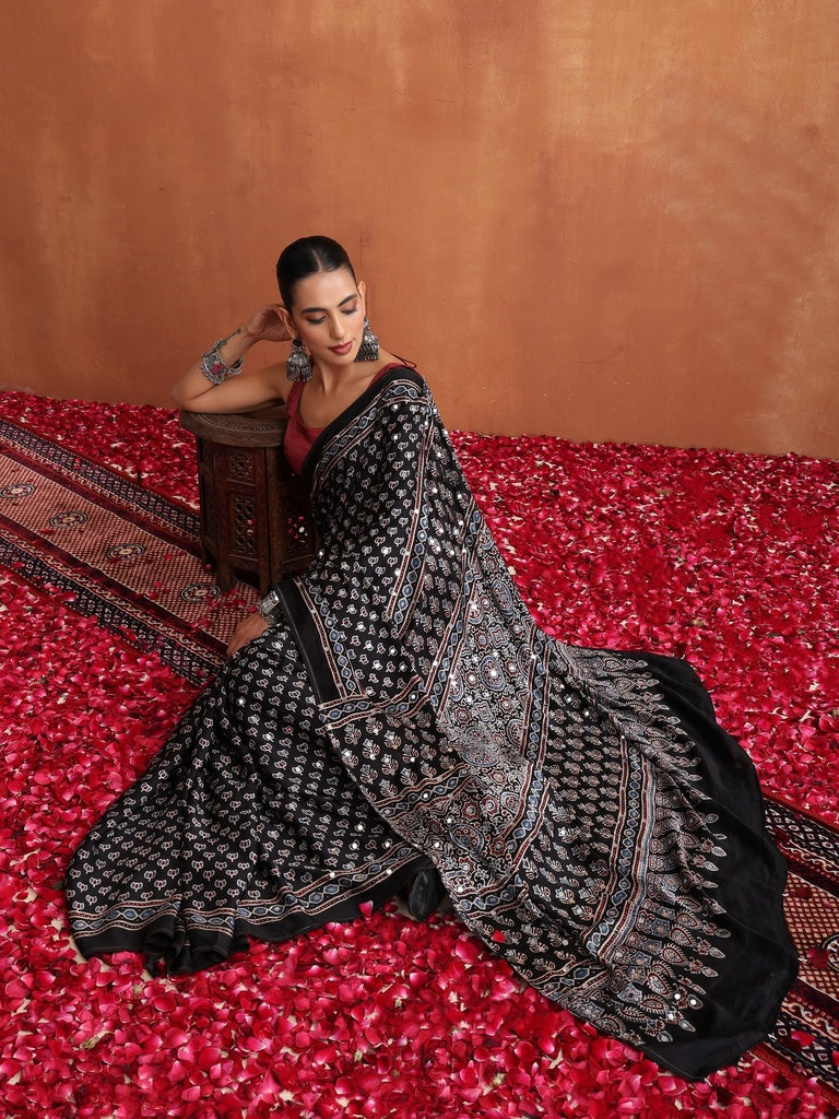 Black Modal Silk Ajrakh Printed Saree with Designer Pallu &amp; Running Blouse