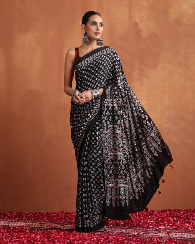 Black Modal Silk Ajrakh Printed Saree with Designer Pallu &amp; Running Blouse