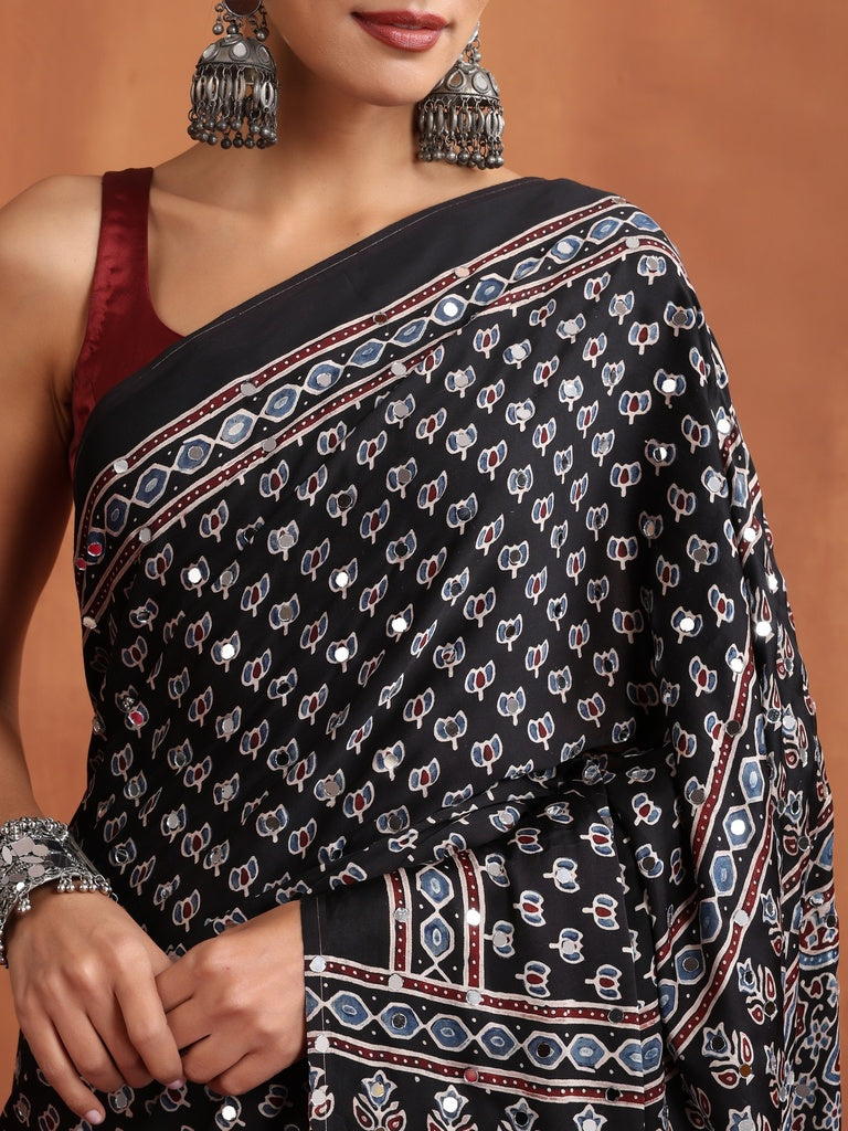 Black Modal Silk Ajrakh Printed Saree with Designer Pallu &amp; Running Blouse
