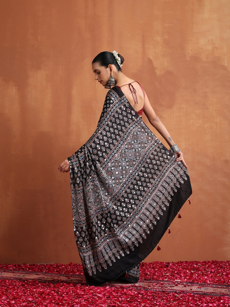 Black Modal Silk Ajrakh Printed Saree with Designer Pallu &amp; Running Blouse