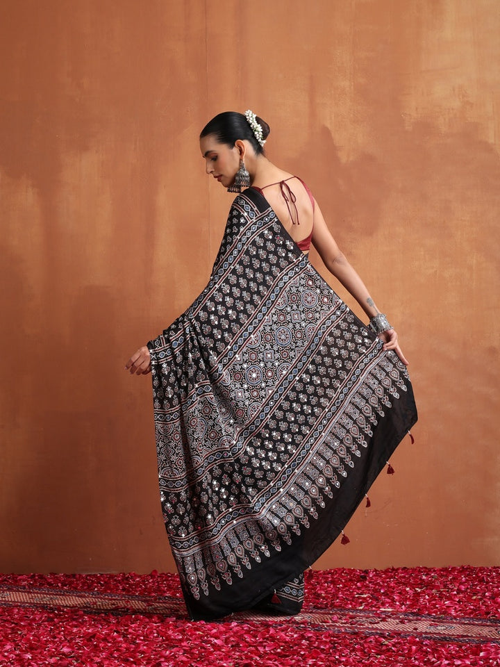 Black Modal Silk Ajrakh Printed Saree with Designer Pallu &amp; Running Blouse