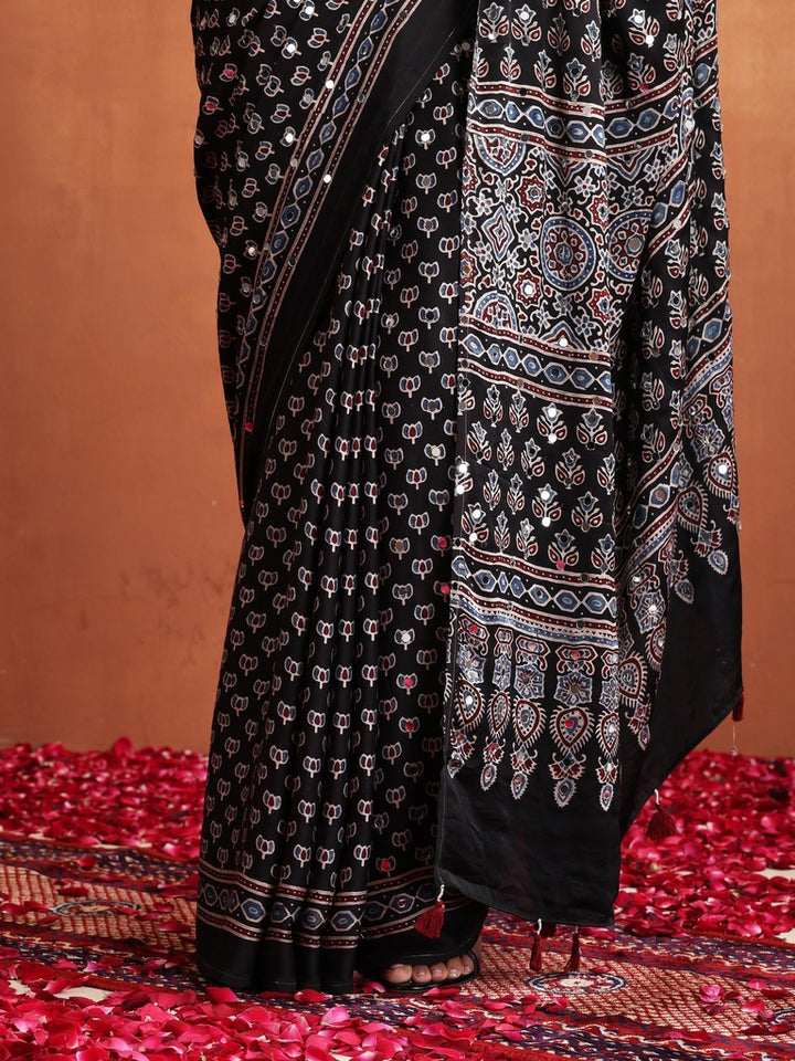 Black Modal Silk Ajrakh Printed Saree with Designer Pallu &amp; Running Blouse