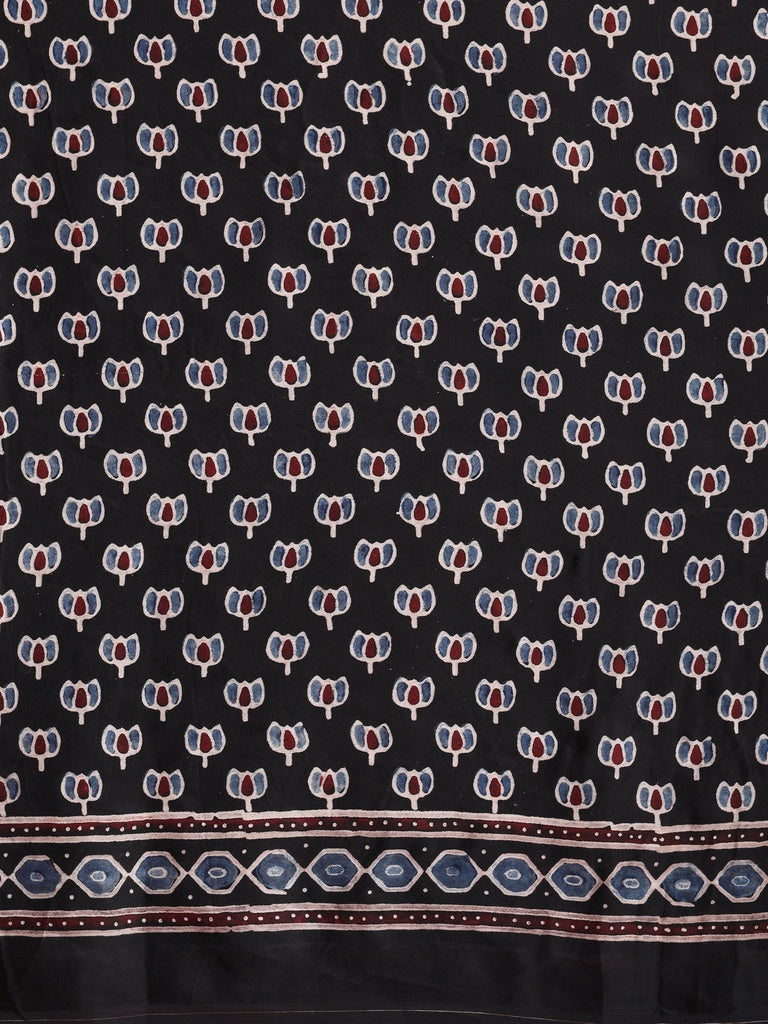 Black Modal Silk Ajrakh Printed Saree with Designer Pallu &amp; Running Blouse