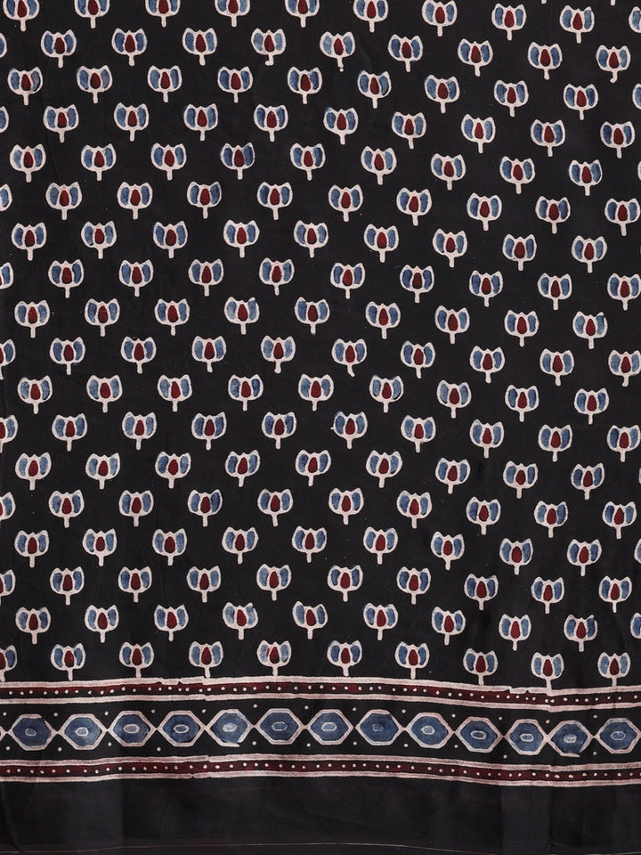 Black Modal Silk Ajrakh Printed Saree with Designer Pallu &amp; Running Blouse