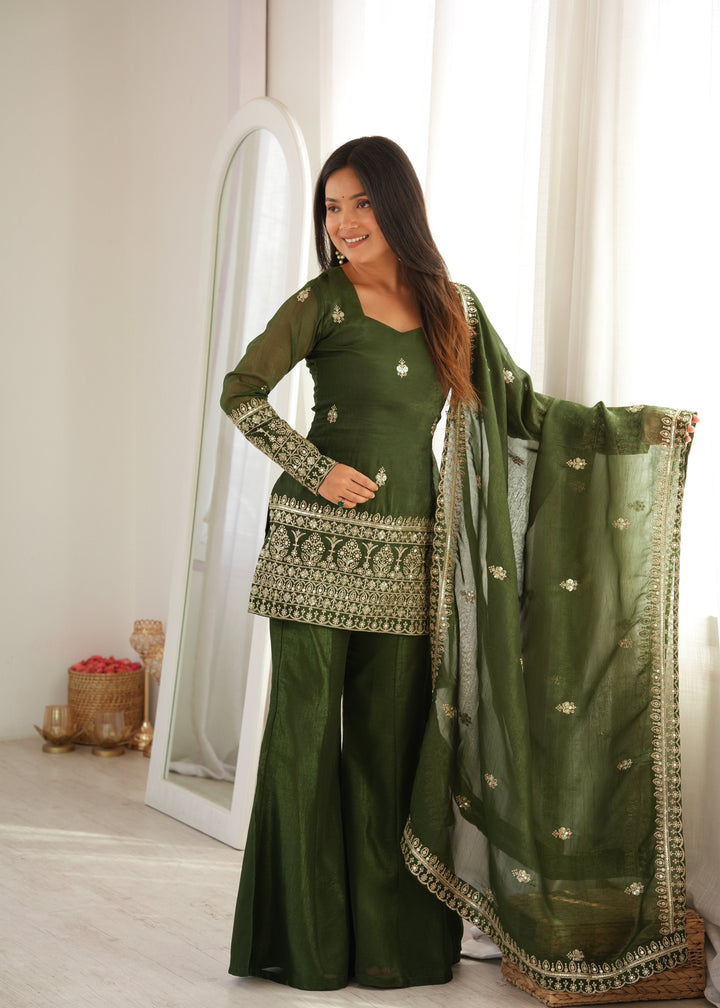 Emerald Green Crunchy Silk Embroidered Kurta Set with Bell Bottom Pants & Embellished Dupatta