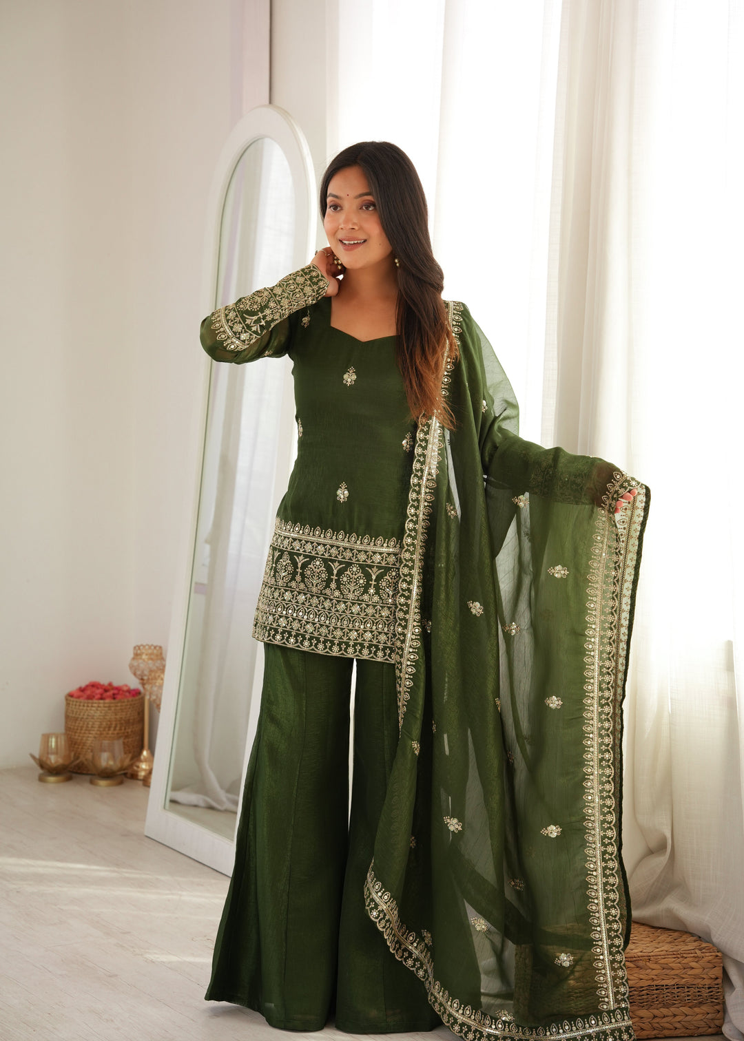 Emerald Green Crunchy Silk Embroidered Kurta Set with Bell Bottom Pants & Embellished Dupatta