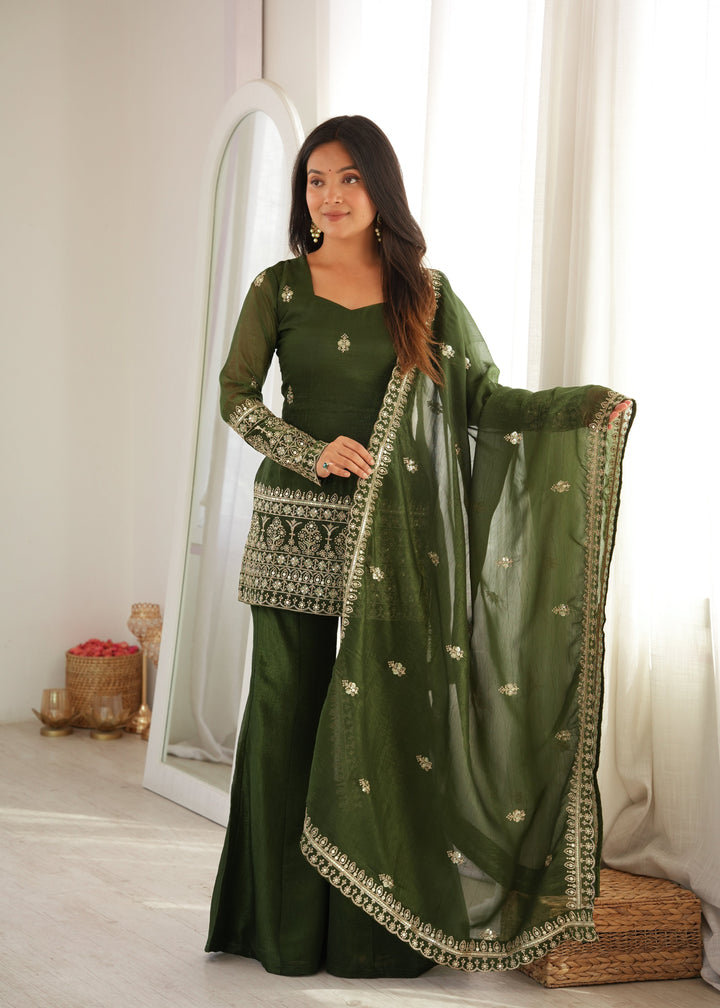 Emerald Green Crunchy Silk Embroidered Kurta Set with Bell Bottom Pants & Embellished Dupatta